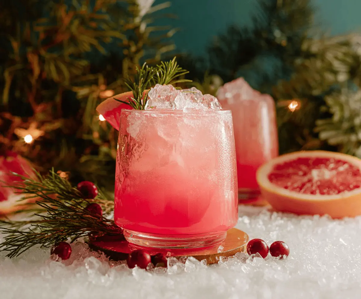 Festive Christmas Paloma cocktail with grapefruit and pomegranate garnishes on a holiday table.
