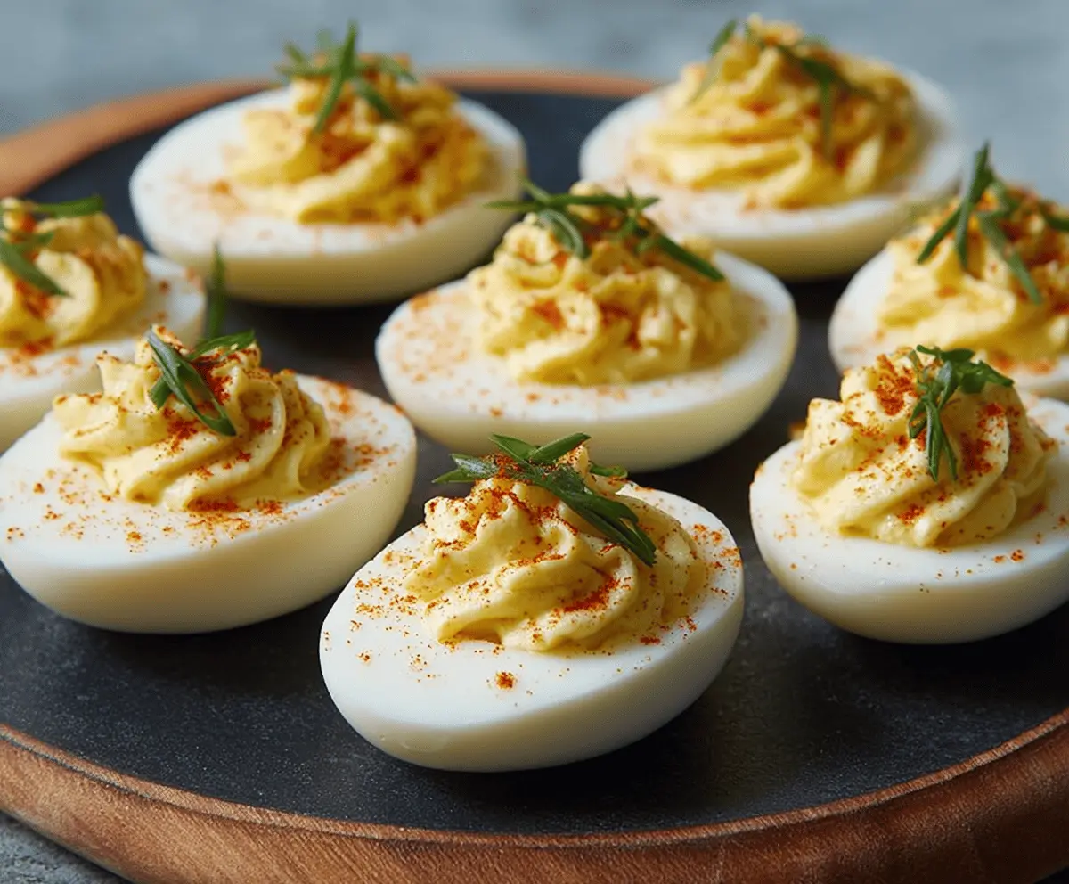 Creamy classic deviled eggs garnished with paprika on a white plate.