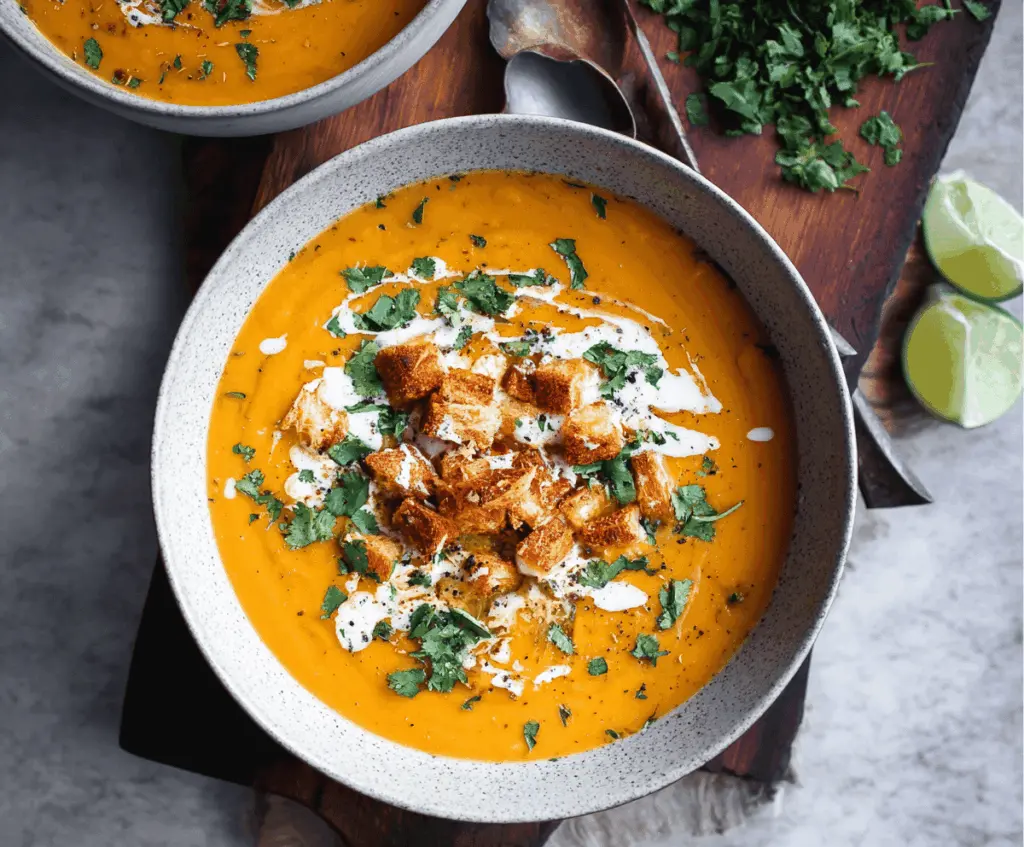 Creamy coconut curry sweet potato soup served in a bowl with fresh herbs