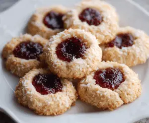 Delicious coconut raspberry thumbprint cookies with a golden crust and vibrant berry filling.