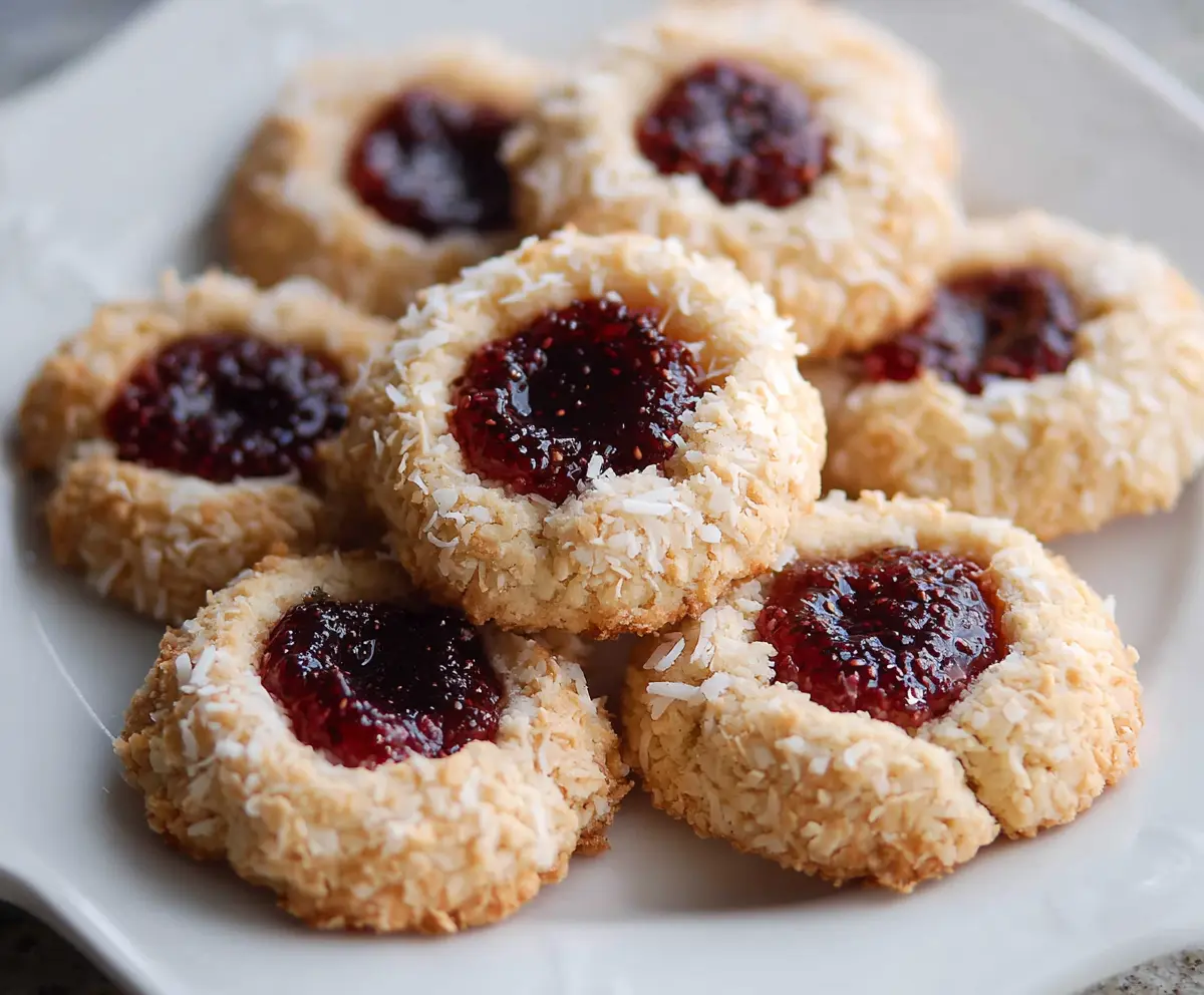 Delicious coconut raspberry thumbprint cookies with a golden crust and vibrant berry filling.