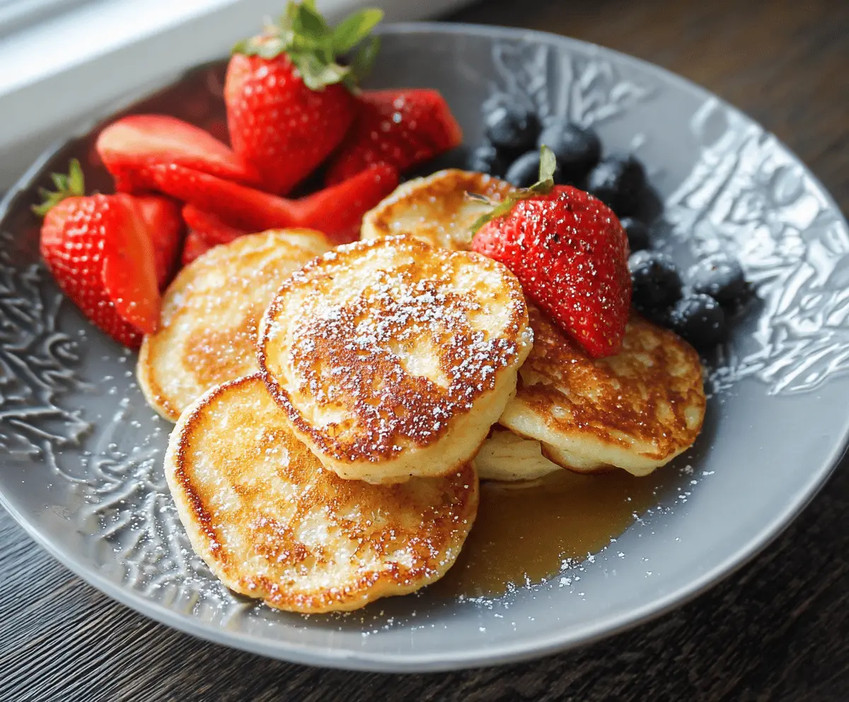 Delicious homemade cottage cheese pancakes served on a plate with syrup and berries.