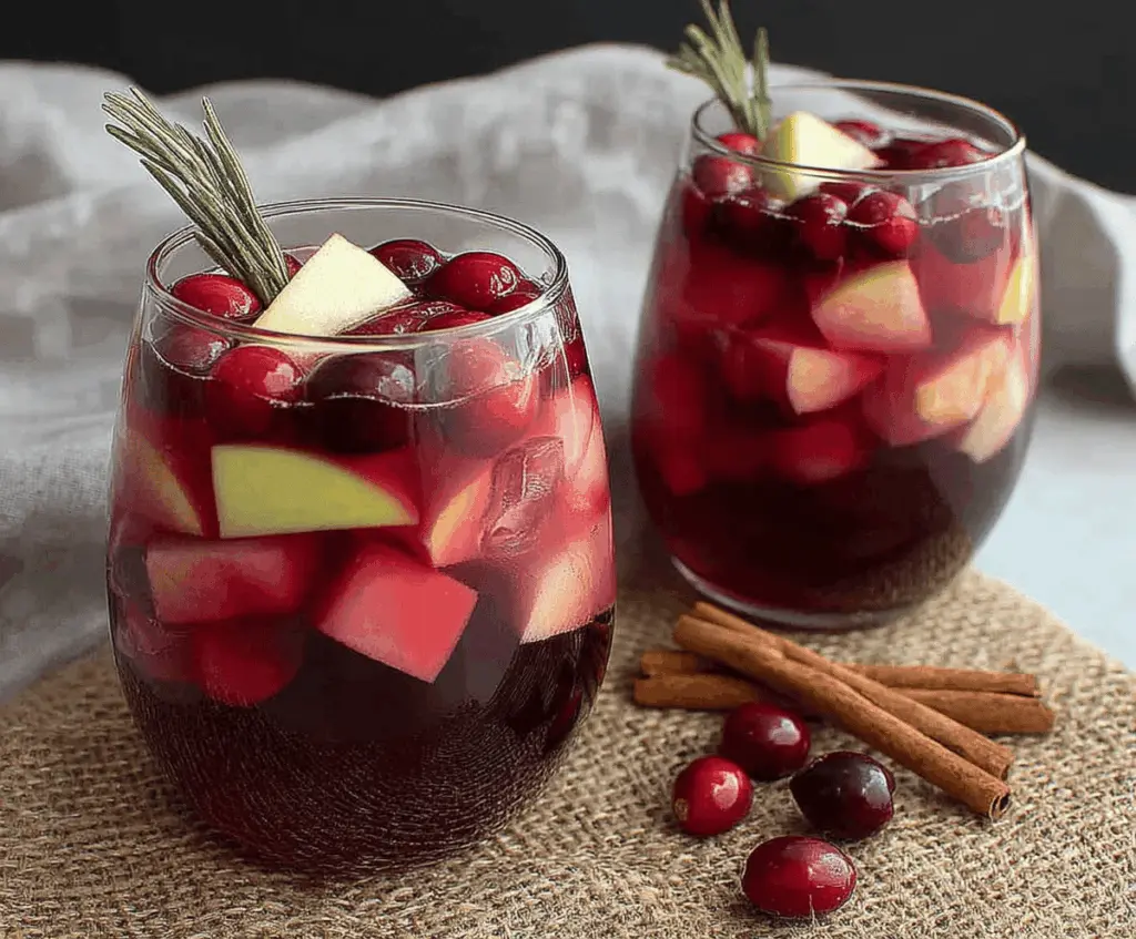 Refreshing Cranberry Apple Cider Sangria served in a glass with fresh cranberries and apple slices.