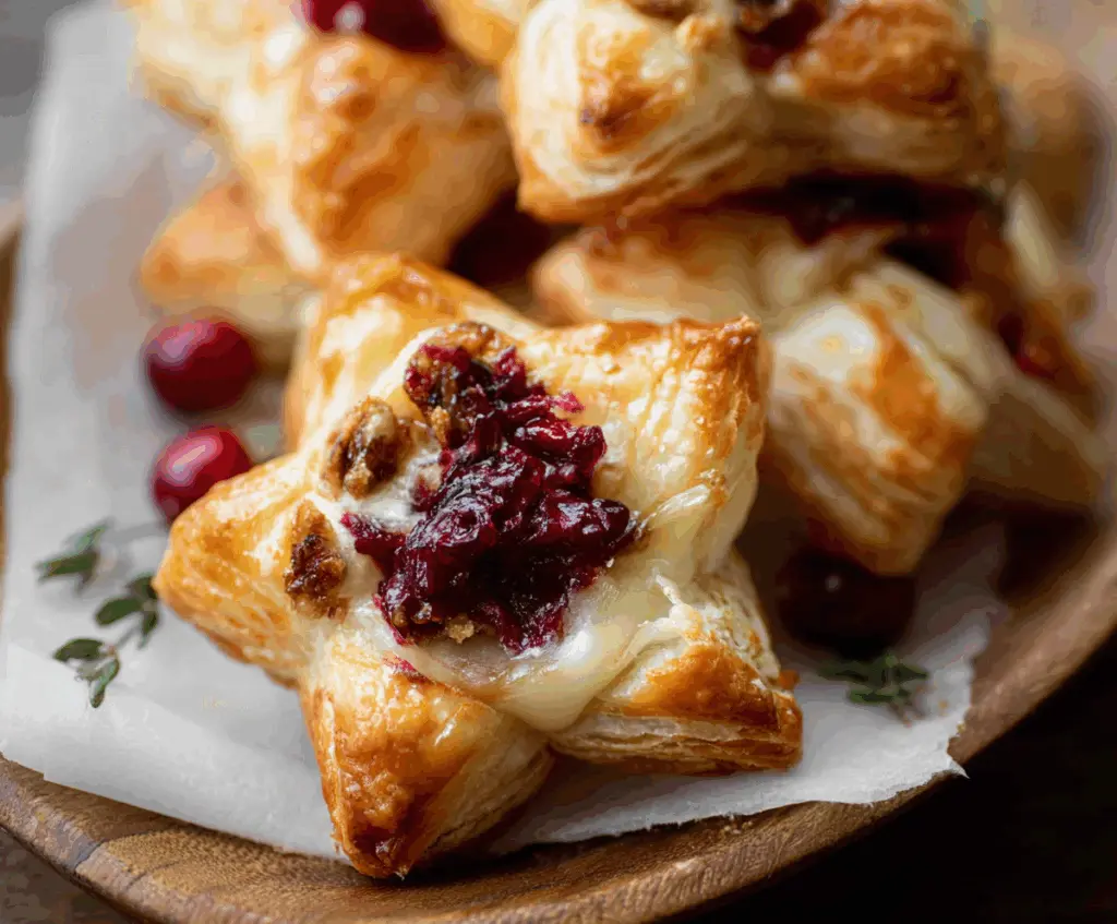 Cranberry Brie Puff Pastry Stars served as an elegant holiday appetizer with golden, flaky pastry filled with creamy Brie and tangy cranberry sauce.