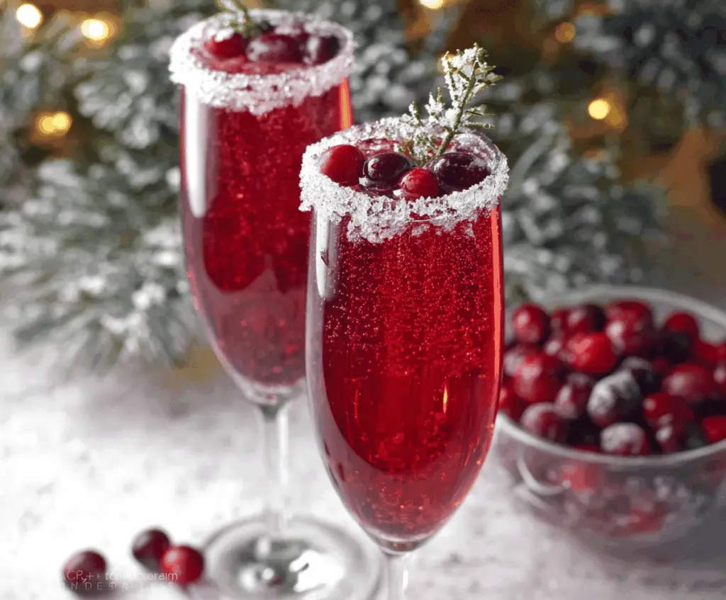 Festive Cranberry Christmas Mimosa with fresh cranberries and orange slices for holiday celebration
