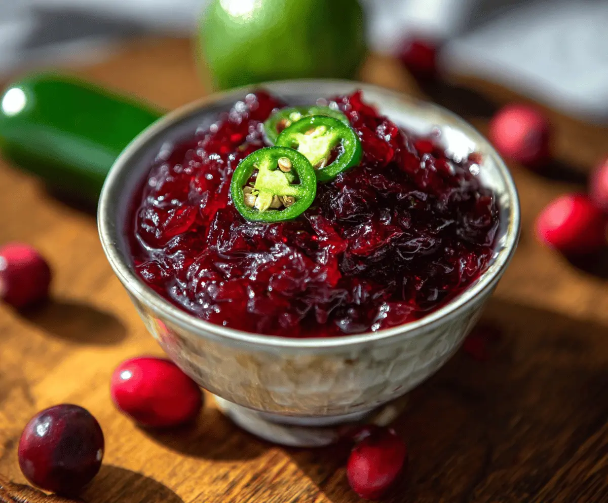 Homemade cranberry jalapeño sauce in a glass jar with fresh cranberries and jalapeños.