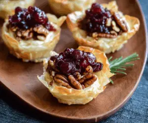 Delicious Cranberry Pecan Baked Brie Cups served on a festive platter.