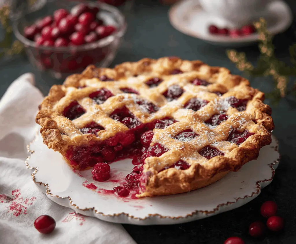 Delicious homemade cranberry pie topped with fresh cranberries and flaky crust