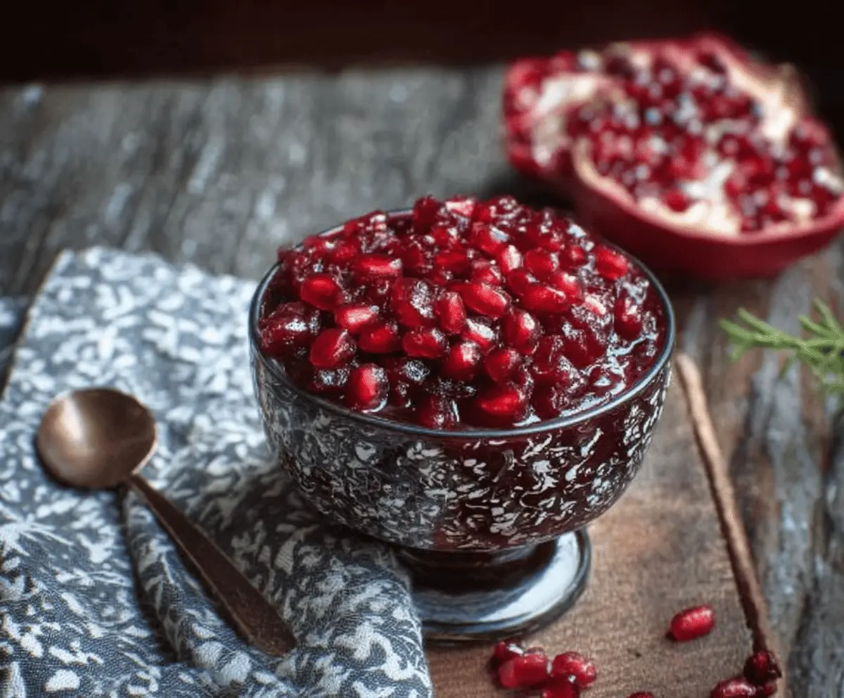 Delicious homemade cranberry pomegranate sauce served in a clear glass bowl with fresh cranberries and pomegranate seeds.