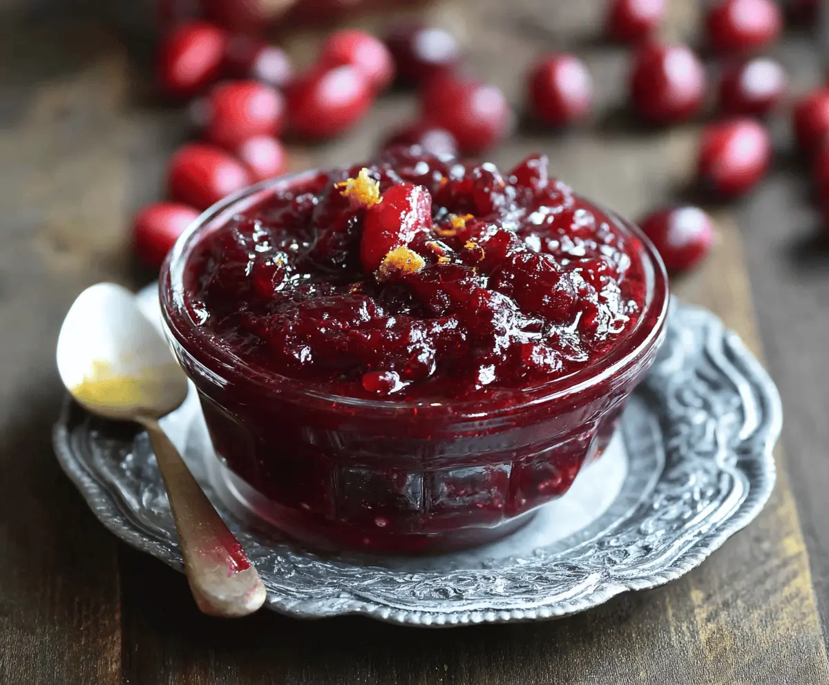 Sweet cranberry vanilla sauce served in a glass bowl, perfect as a holiday dessert topping.