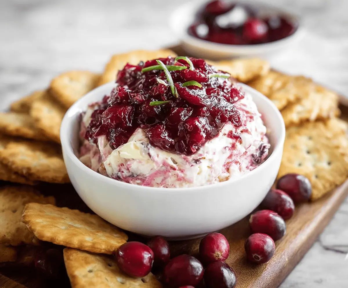 Cream Cheese Cranberry Dip served with fresh crackers and berries for a festive appetizer.