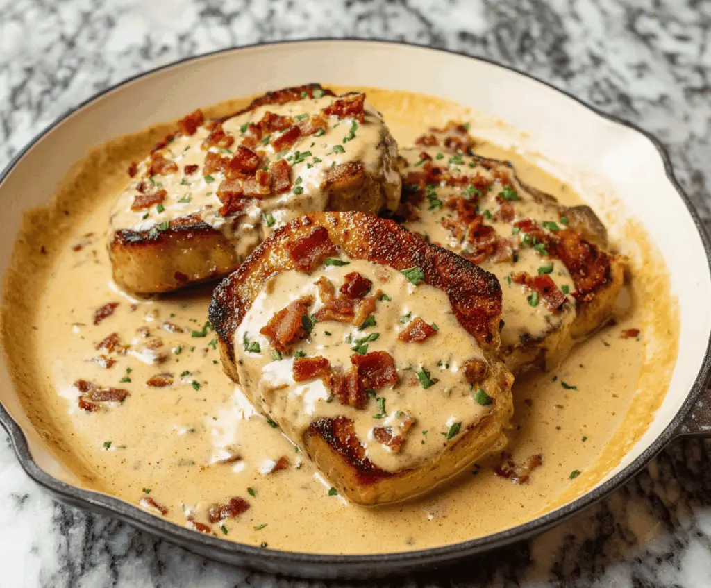 Delicious creamy bacon pork chops served on a plate with fresh herbs