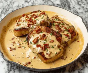 Delicious creamy bacon pork chops served on a plate with fresh herbs