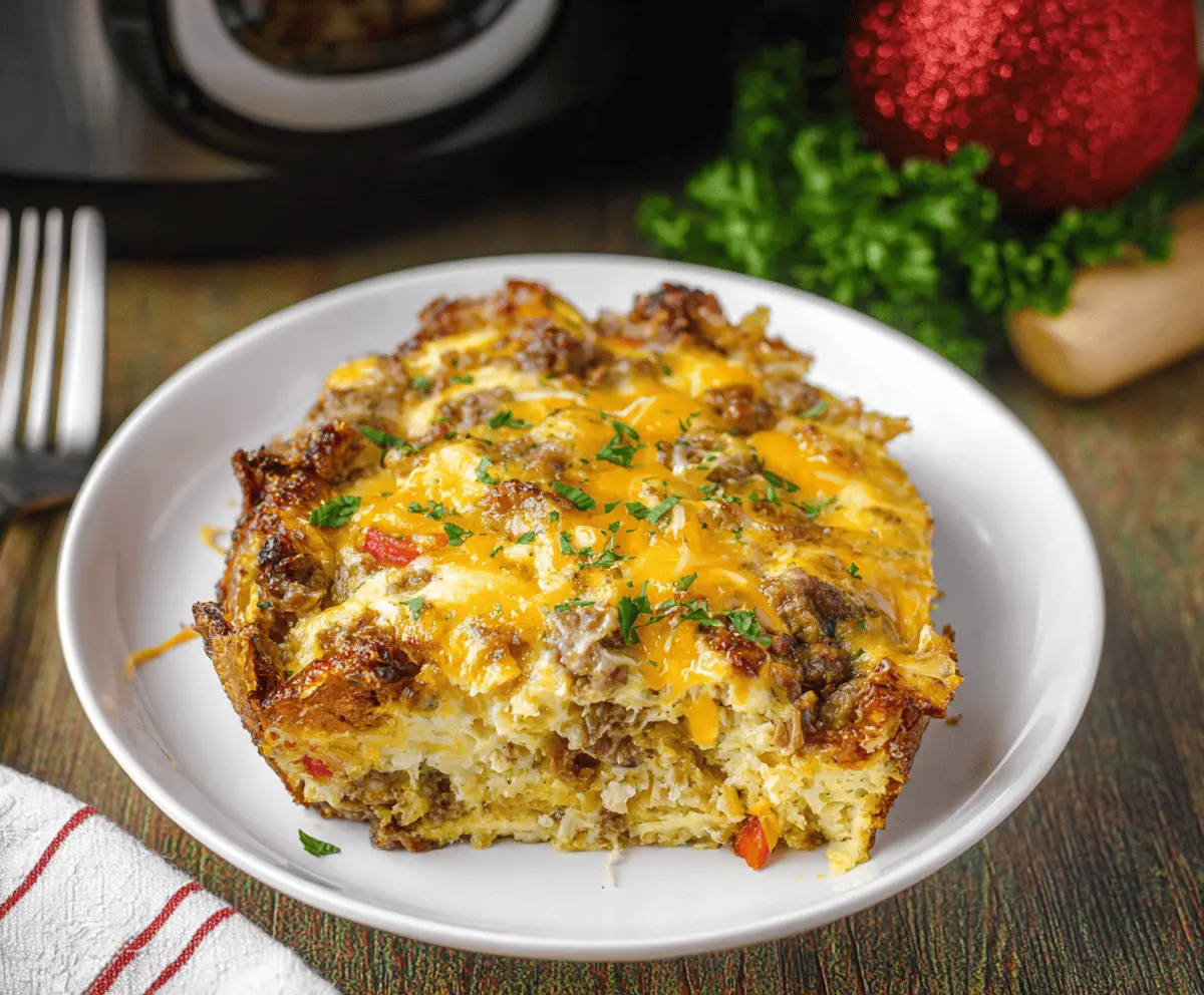 Delicious Crockpot Christmas Breakfast Casserole with eggs, cheese, and breakfast sausage in a slow cooker.