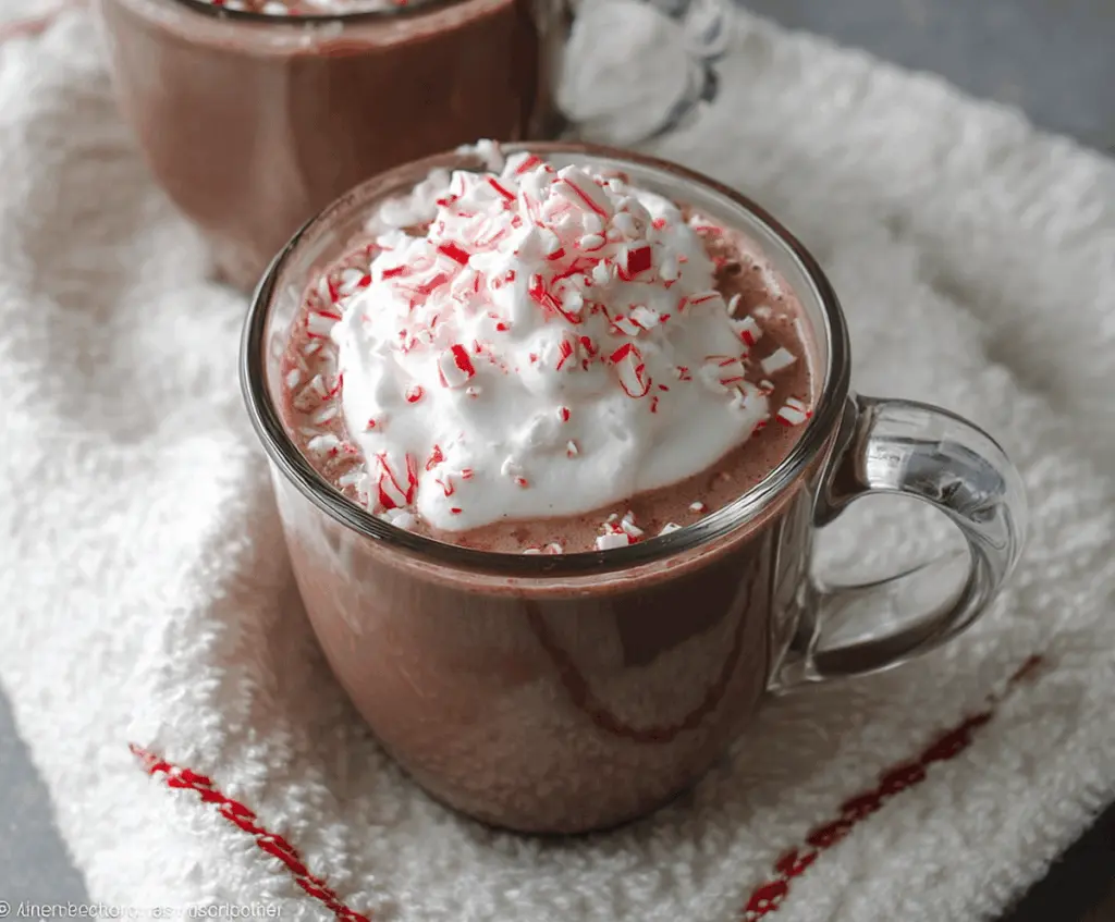 Delicious Crockpot Peppermint Hot Chocolate topped with whipped cream and peppermint candies.