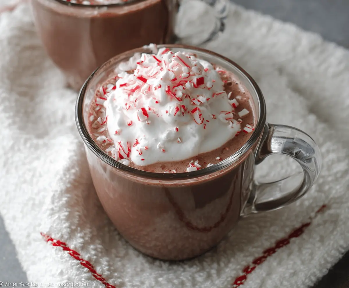 Delicious Crockpot Peppermint Hot Chocolate topped with whipped cream and peppermint candies.