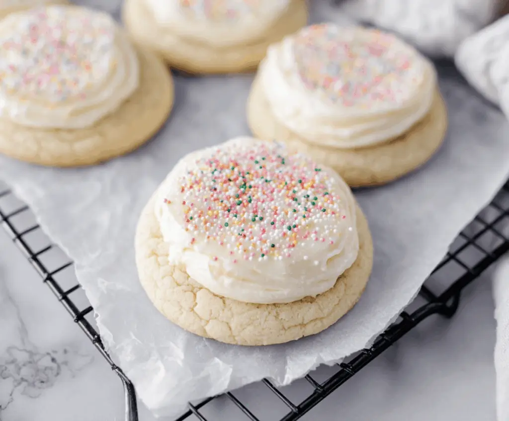 Delicious Crumbl Vanilla Sugar Cookies with a golden-brown edge and soft, sweet interior.