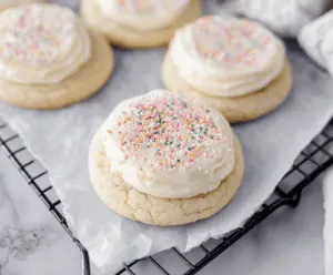 Delicious Crumbl Vanilla Sugar Cookies with a golden-brown edge and soft, sweet interior.