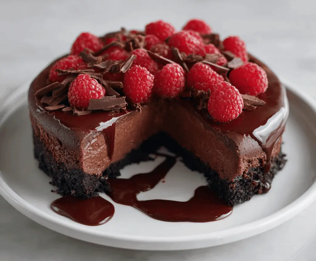 Decadent dark chocolate raspberry cheesecake with a rich, creamy texture and fresh raspberry garnish.