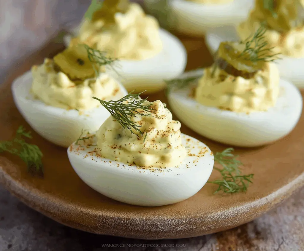 Creamy dill pickle deviled eggs garnished with fresh herbs on a white plate