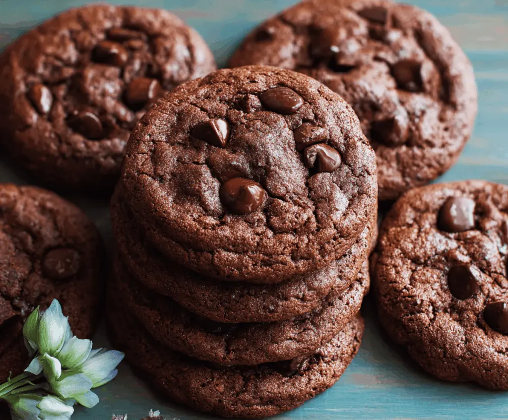 Delicious double chocolate chip cookies fresh out of the oven with melted chocolate chunks