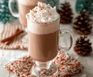 Creamy Eggnog Hot Chocolate topped with whipped cream and nutmeg in a cozy mug.