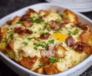 Delicious Eggs Benedict casserole topped with hollandaise sauce and fresh herbs.