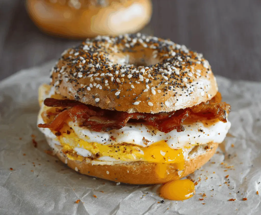 Delicious everything bagel breakfast sandwich with eggs, cheese, and bacon on a plate.