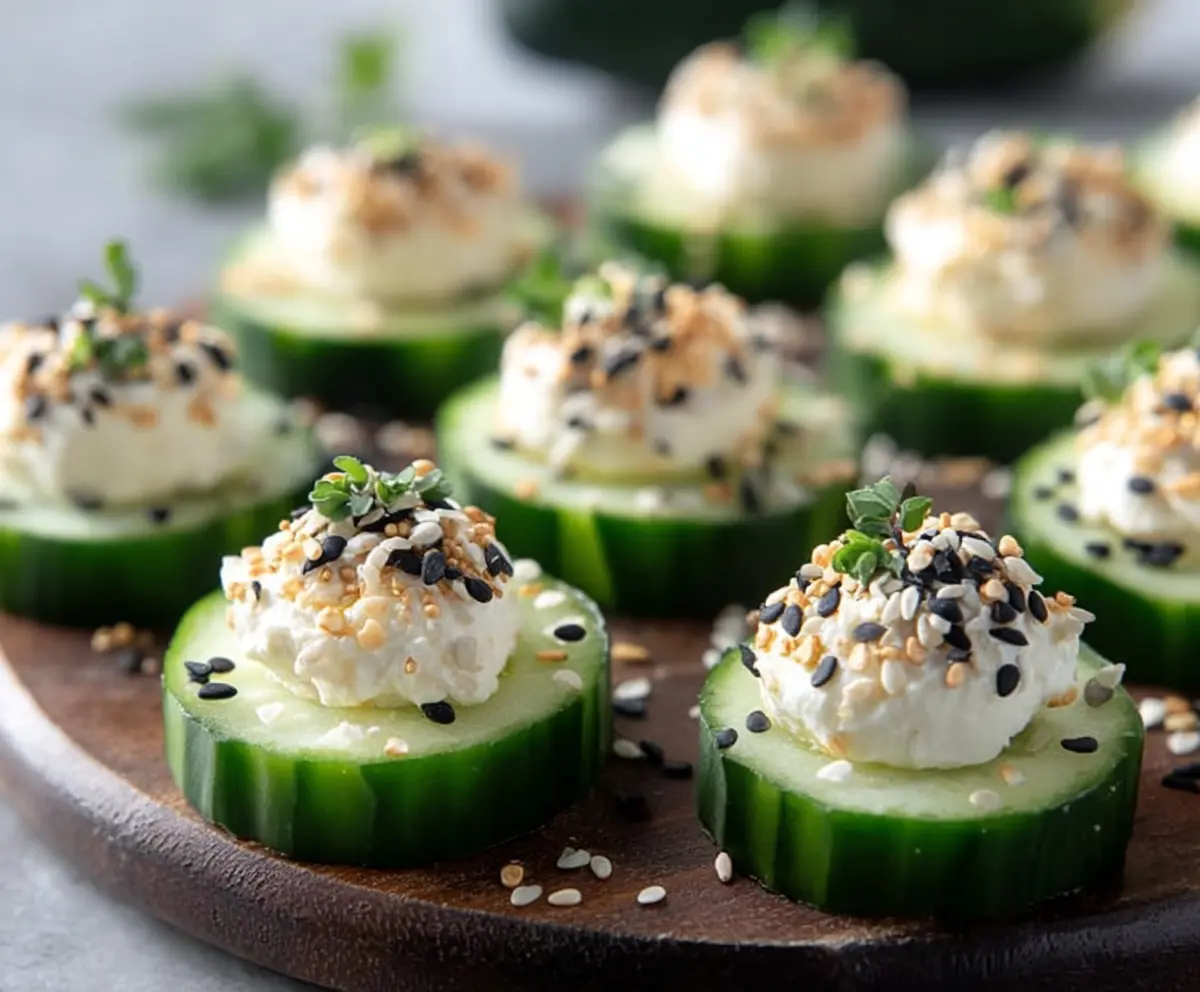 Close-up of fresh cucumber slices topped with everything bagel seasoning for a crunchy appetizer.