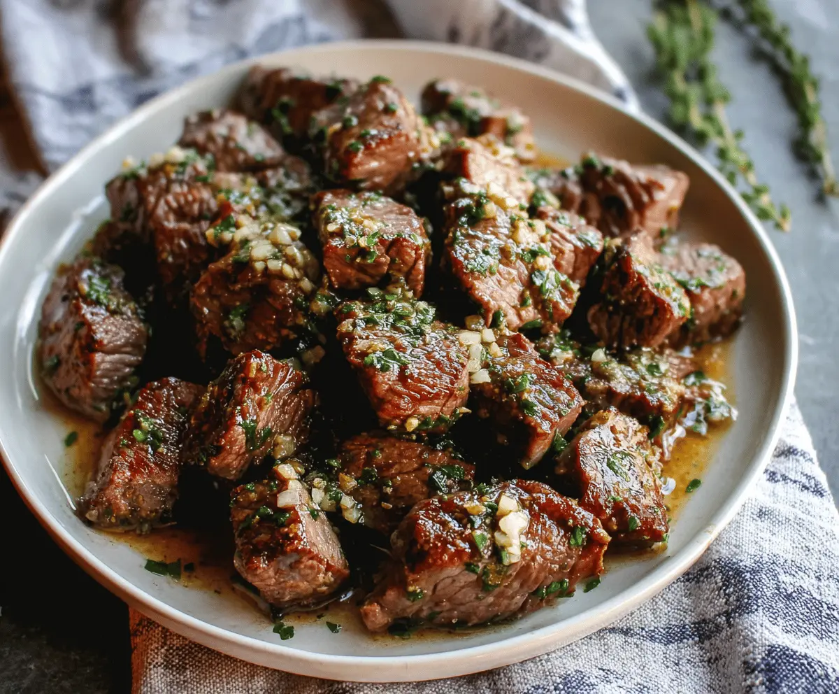 Juicy garlic butter steak bites served on a wooden platter, garnished with fresh herbs.