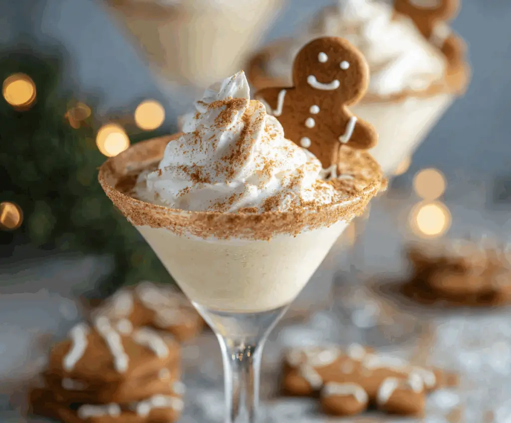 Festive Gingerbread Cookie Martini cocktail garnished with a gingerbread cookie and cinnamon stick