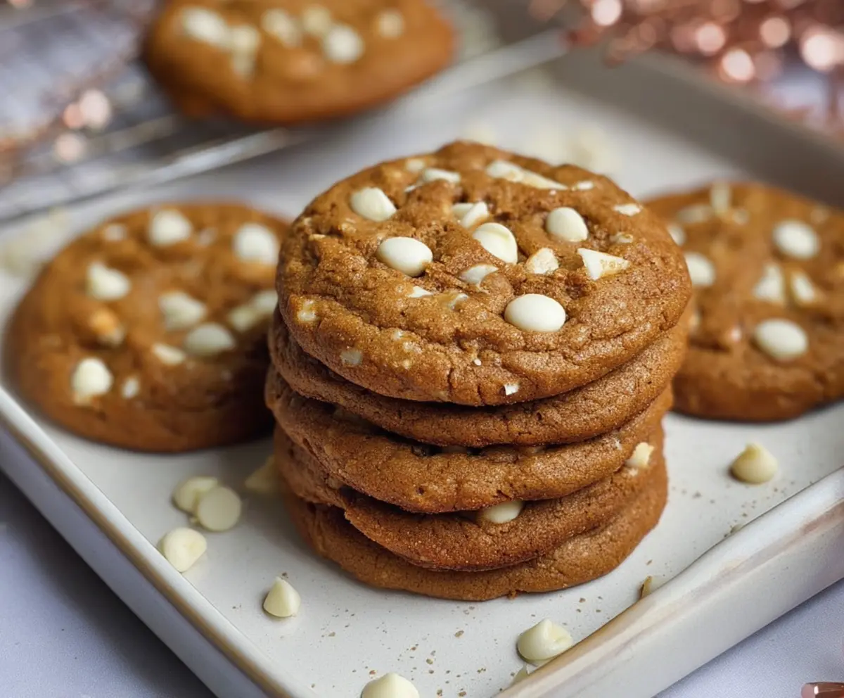 Delicious gingerbread white chocolate chip cookies fresh out of the oven, showcasing golden-brown edges and chunks of white chocolate.
