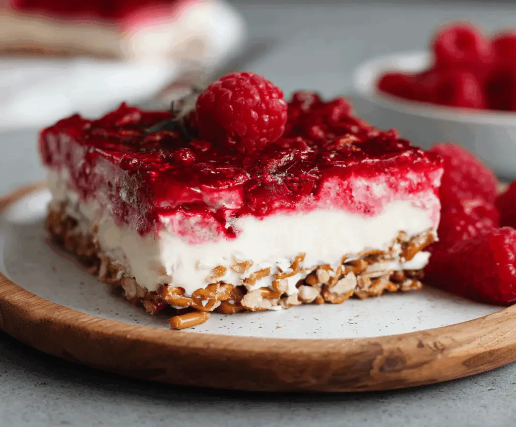 Gluten-Free Raspberry Pretzel Salad served in a clear glass dish with fresh raspberries and pretzel pieces for dessert.