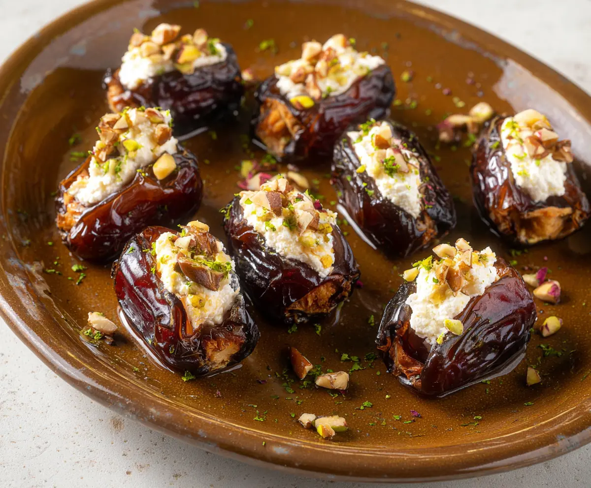 Delicious goat cheese stuffed dates garnished with herbs, perfect for appetizers.
