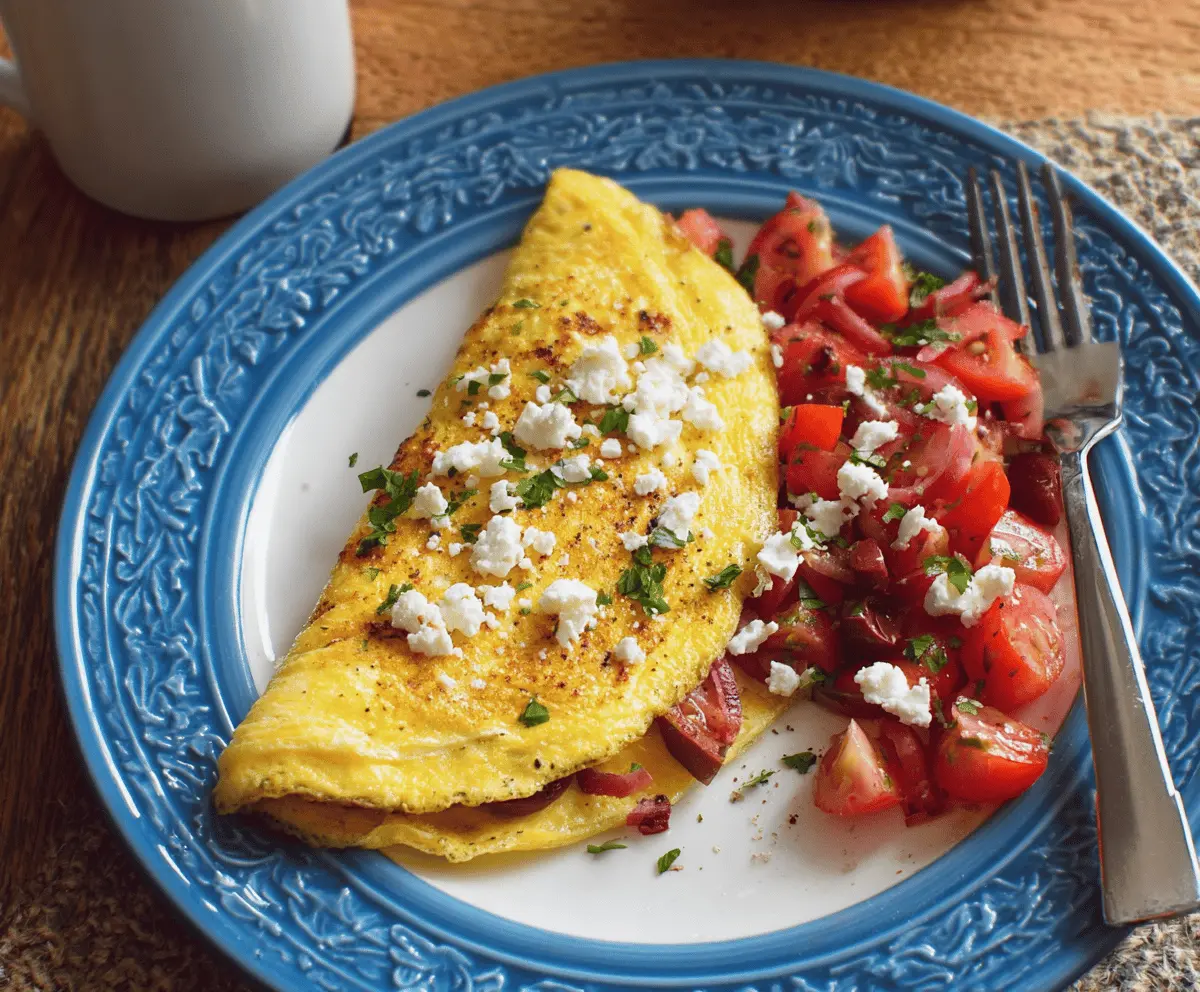 Delicious Greek omelet filled with feta cheese, tomatoes, and herbs on a white plate.