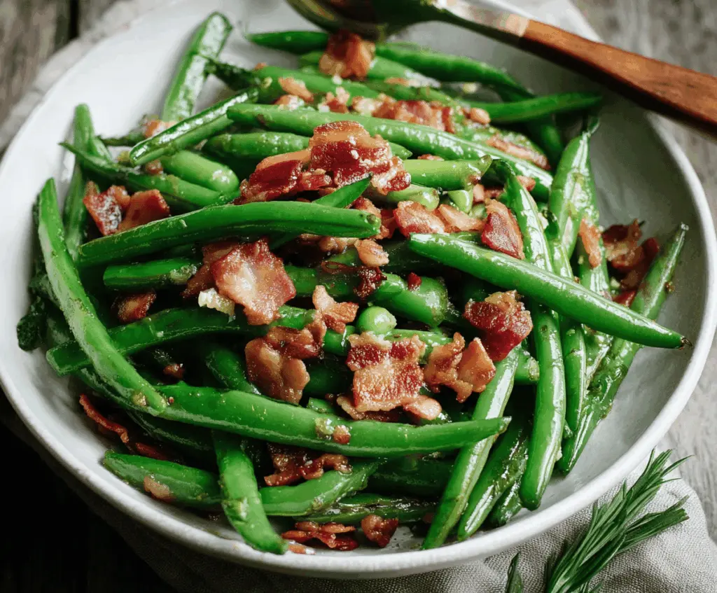 Delicious green beans cooked with crispy bacon for a flavorful side dish