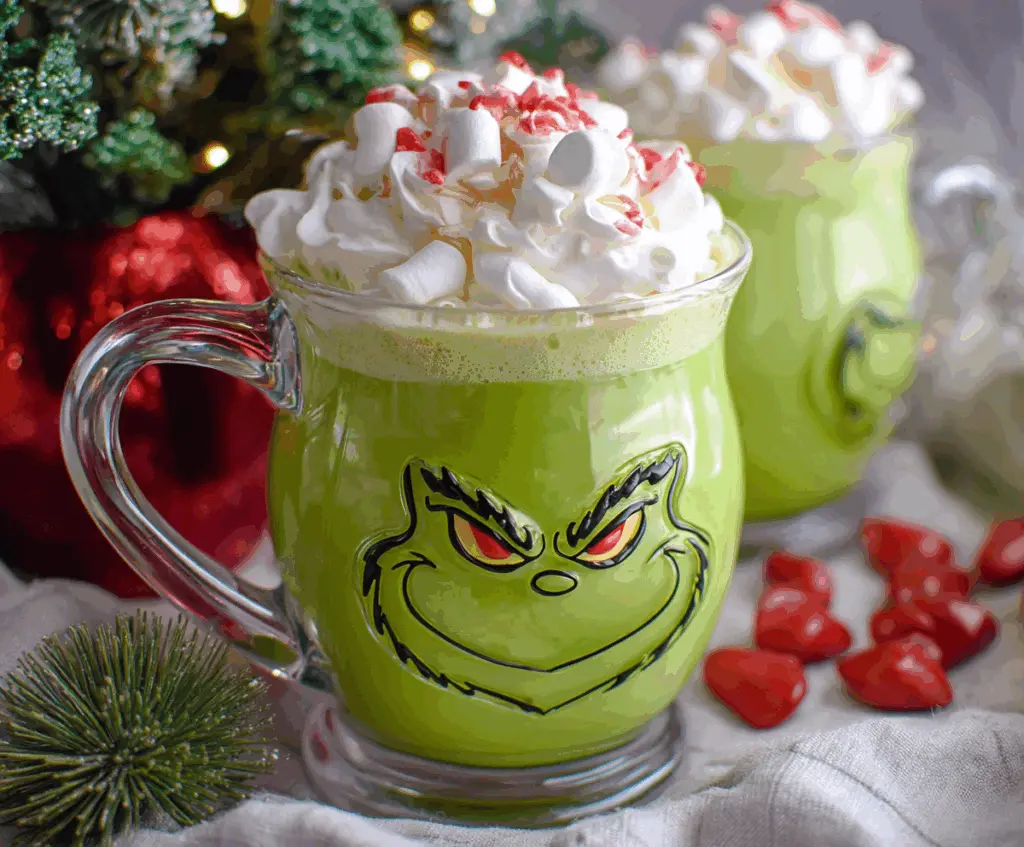 Festive Grinch Hot Chocolate with green whipped cream and candy decorations