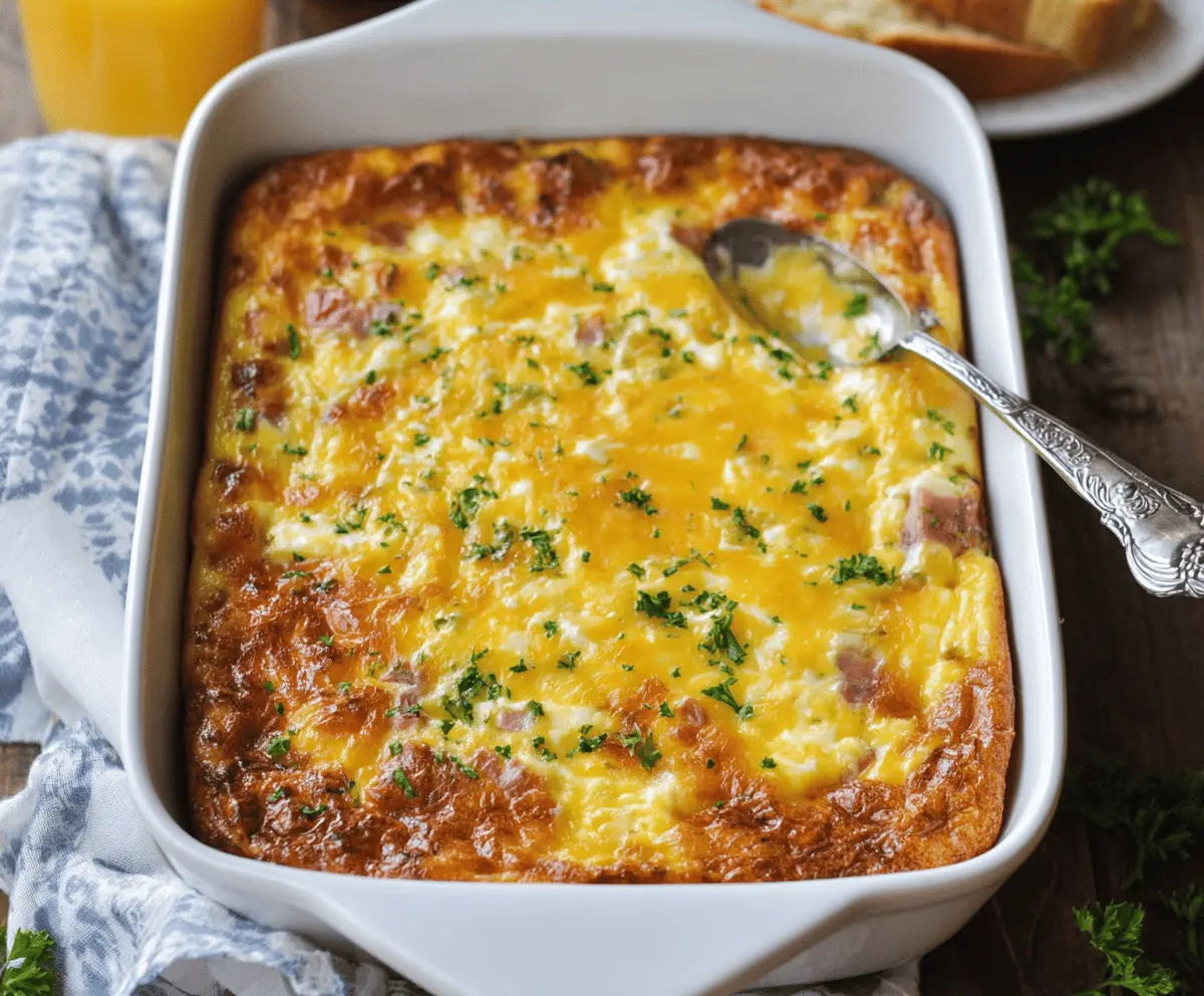 Delicious ham and egg casserole baked to perfection in a baking dish.