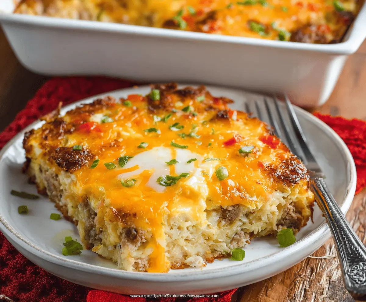 Delicious Hashbrown Breakfast Casserole with Eggs served fresh and hot.