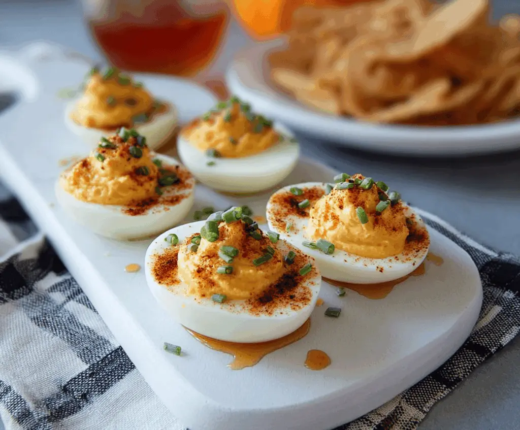 Delicious hot honey deviled eggs garnished with paprika on a white plate.