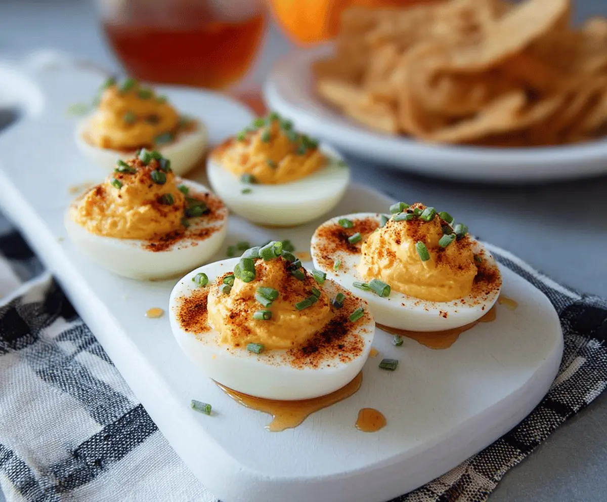 Delicious hot honey deviled eggs garnished with paprika on a white plate.