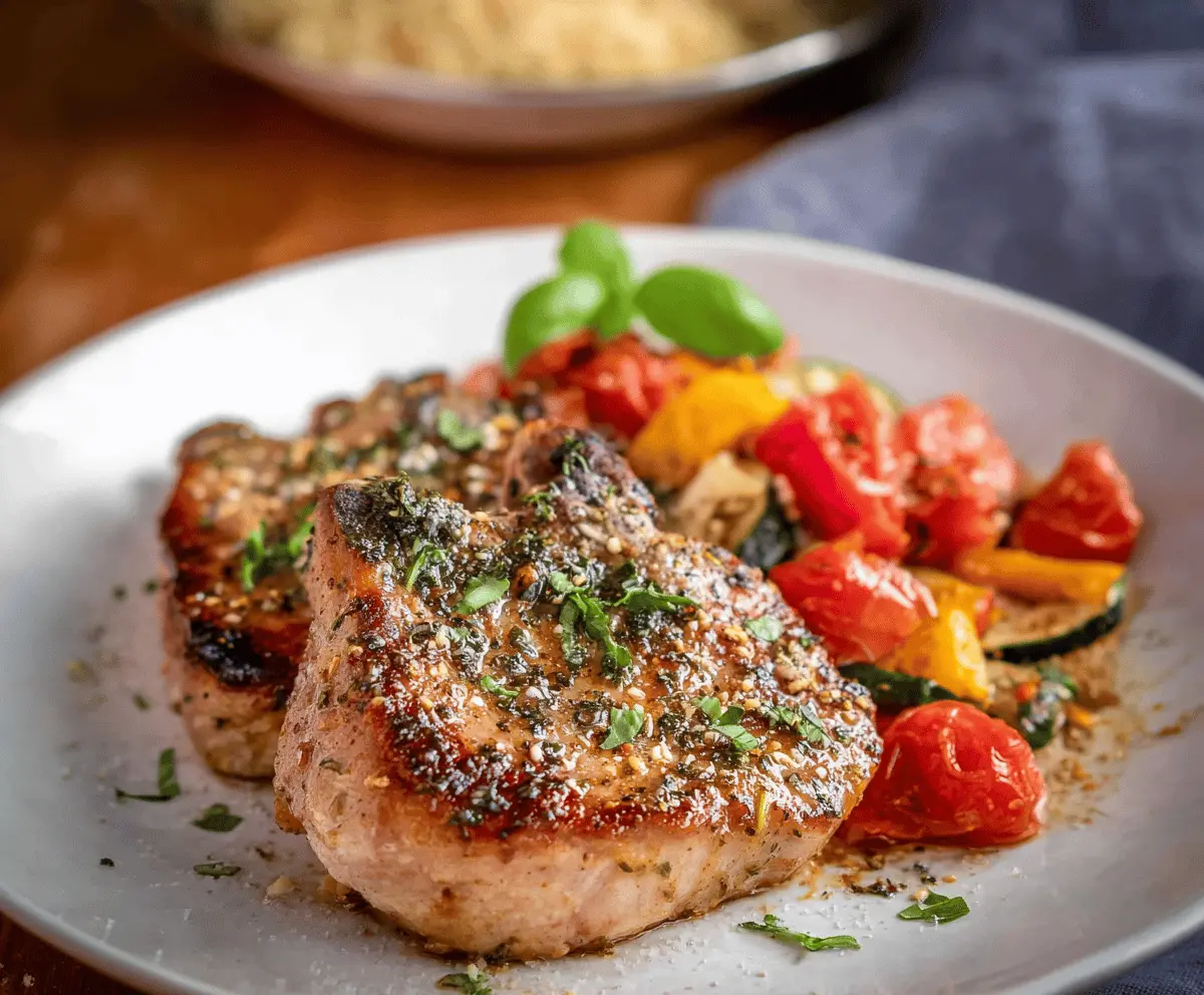 Delicious Italian Pork Chops served with herbs and garlic on a rustic plate.