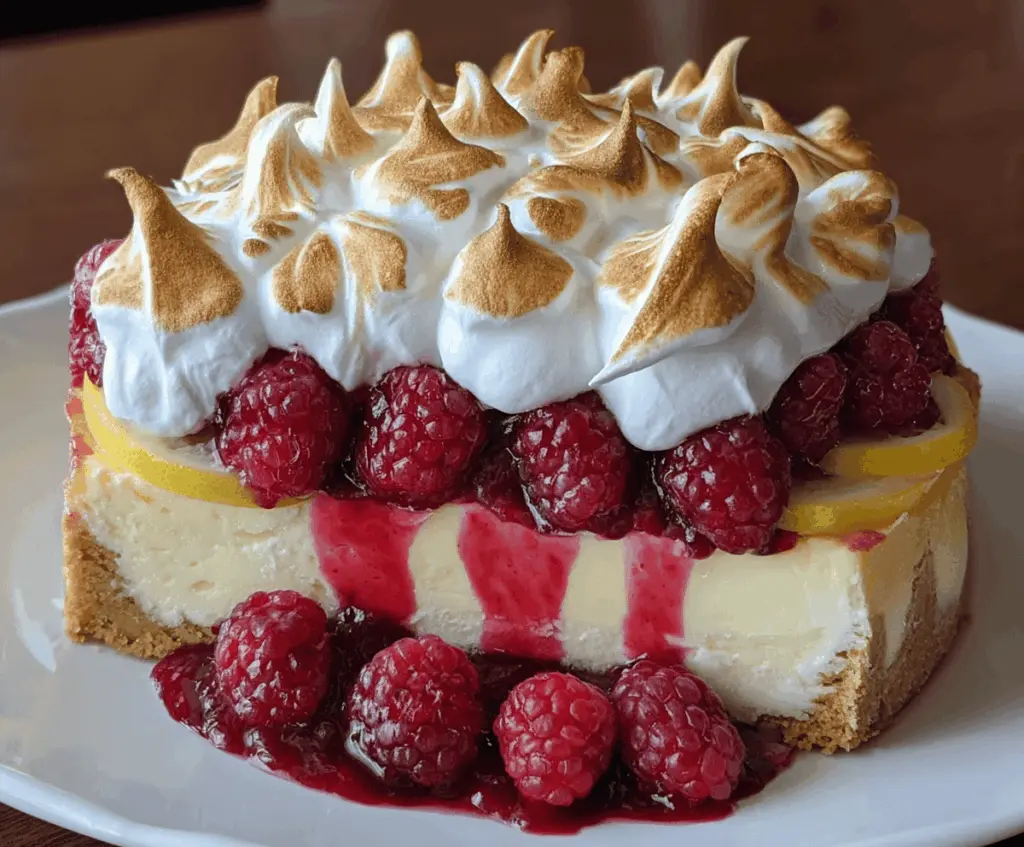 Delicious Lemon Raspberry Meringue Cheesecake with a golden crust and fluffy meringue topping.