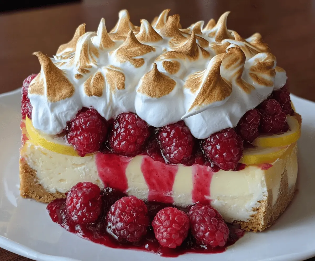 Delicious Lemon Raspberry Meringue Cheesecake with a golden crust and fluffy meringue topping.
