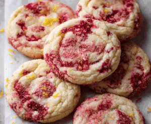 Fresh Lemonade Raspberry Cookies with bright red raspberries and zesty lemon flavor served on a white plate.
