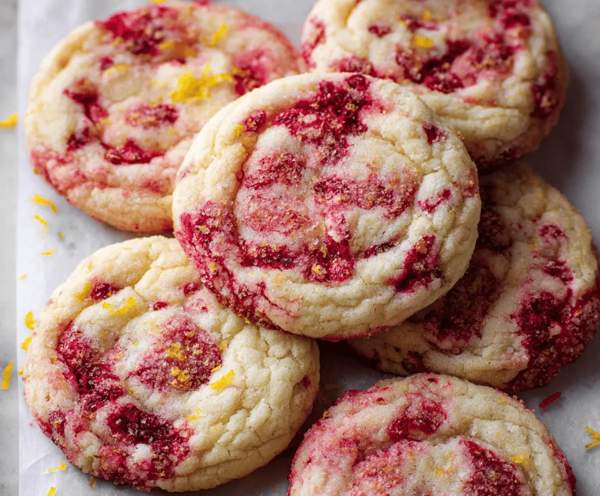 Fresh Lemonade Raspberry Cookies with bright red raspberries and zesty lemon flavor served on a white plate.