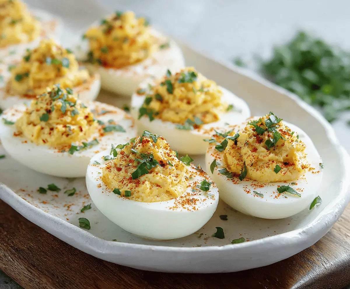 Delicious low-carb deviled eggs garnished with paprika and herbs, perfect for a healthy snack.