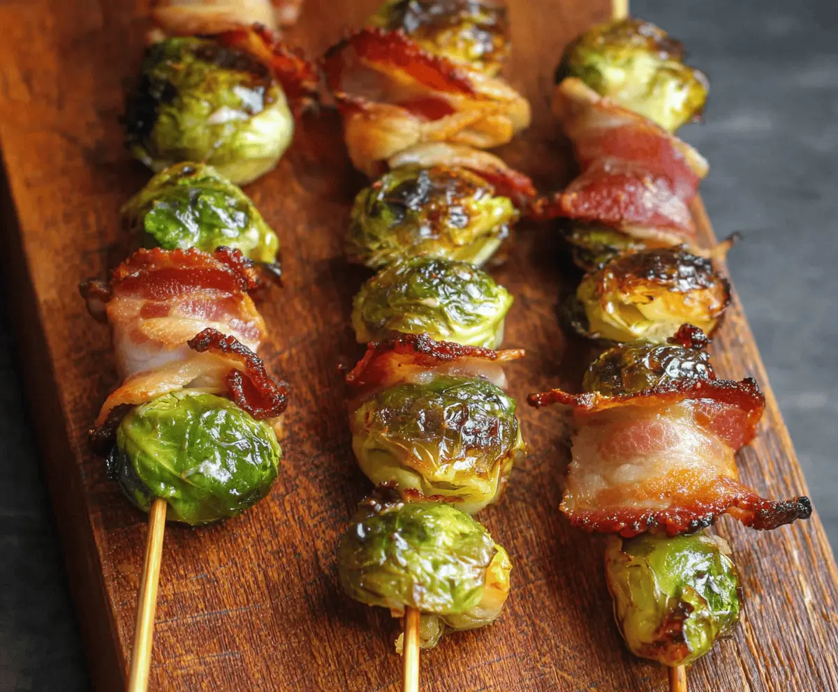 Delicious Maple Bacon Brussels Sprout Skewers served on a platter, showcasing crispy bacon and roasted Brussels sprouts.