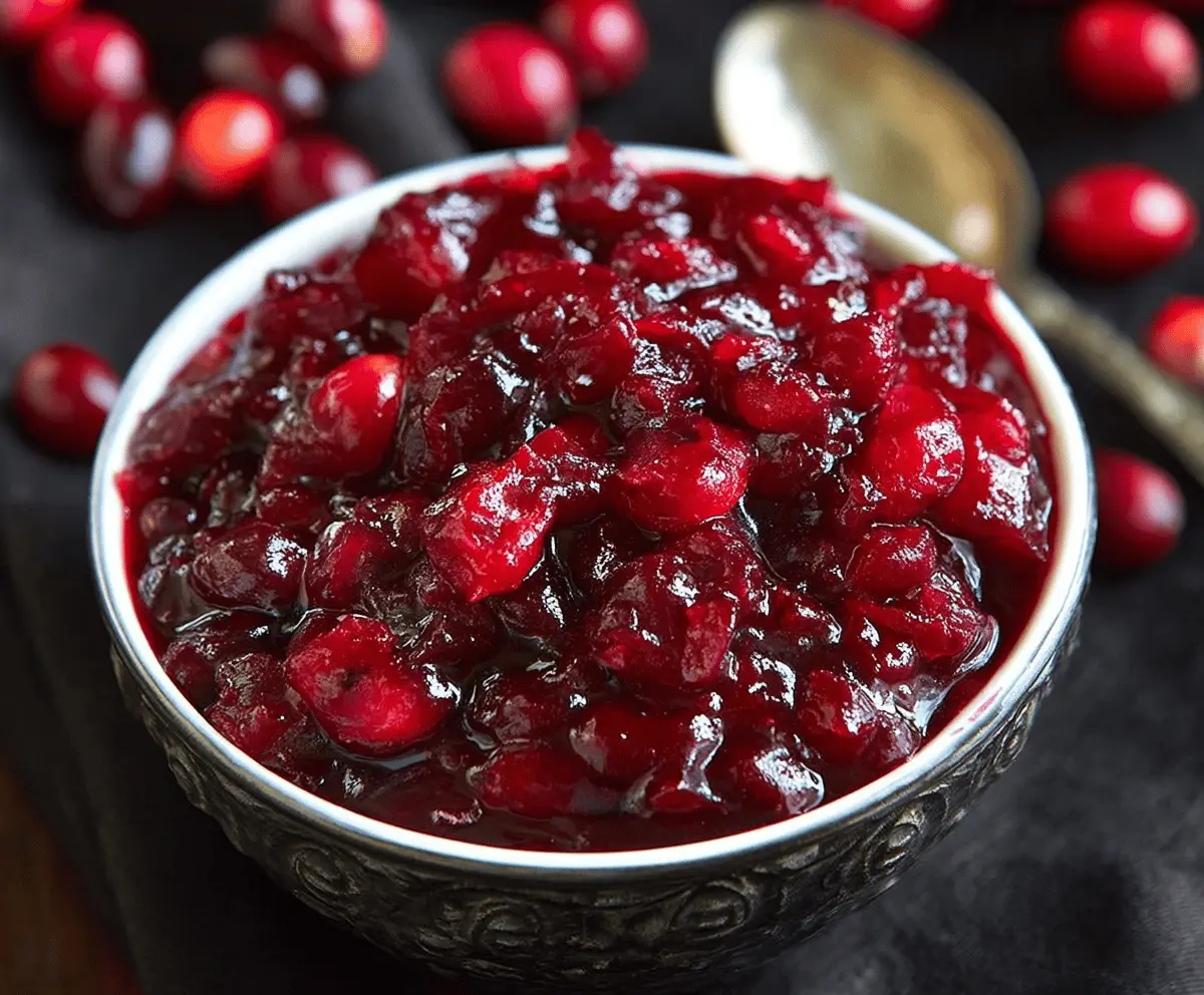 Homemade Maple Cranberry Sauce served in a glass bowl with fresh cranberries and maple syrup.