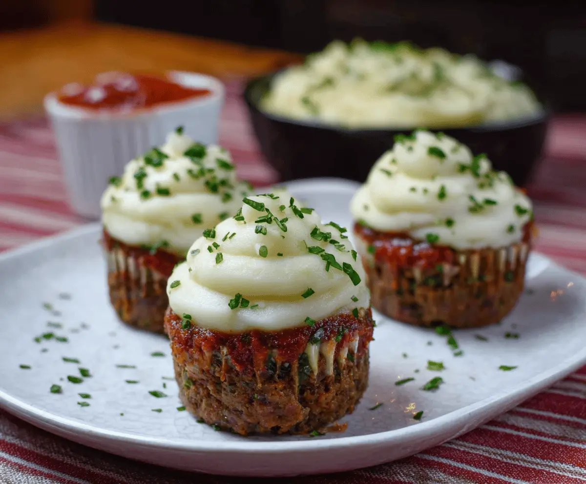 Delicious meatloaf cupcakes topped with creamy mashed potato frosting, perfect for a savory meal.